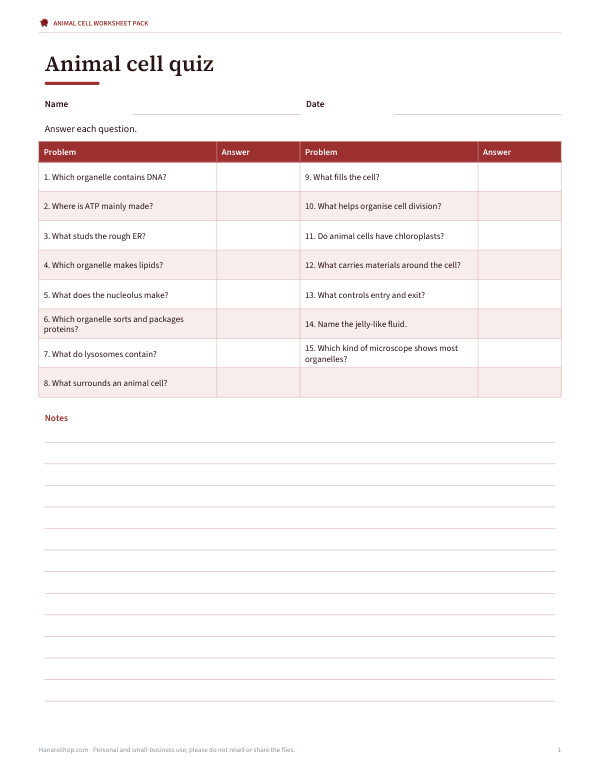 Preview of Printable Animal Cell Quiz Sheet