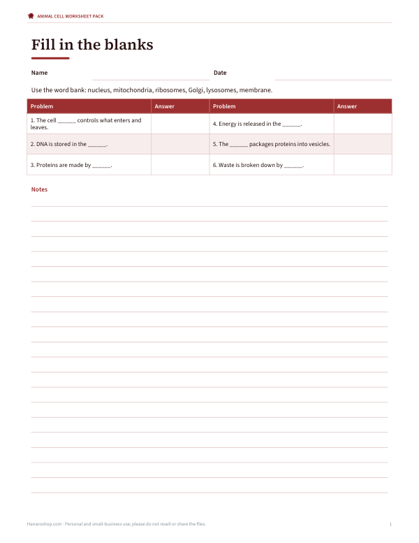 Preview of Animal Cell Cloze Worksheet
