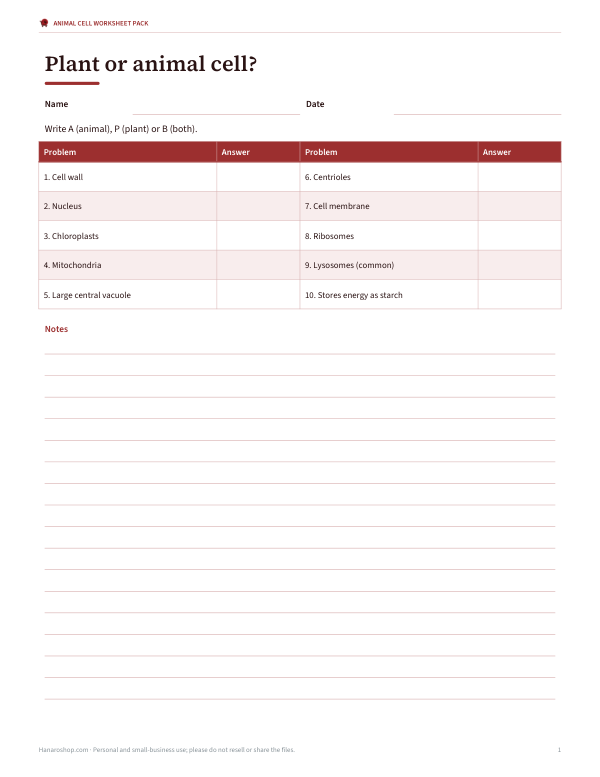 Preview of Printable Plant vs Animal Cell Worksheet